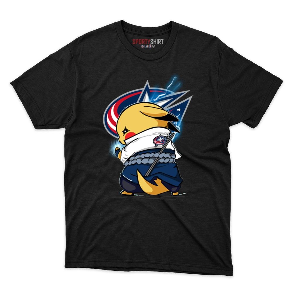 Columbus Blue Jackets Pikachu Meets Sasuke Uchiha Unisex Cotton Tee, Pokemon Anime Shirt, Game Day Gift