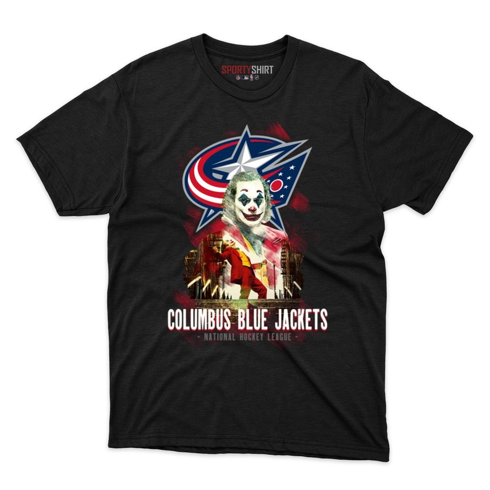 Columbus Blue Jackets Put On A Happy Face Joker Unisex Cotton Graphic Tee, Comic Villain Shirt, Game Day Gift