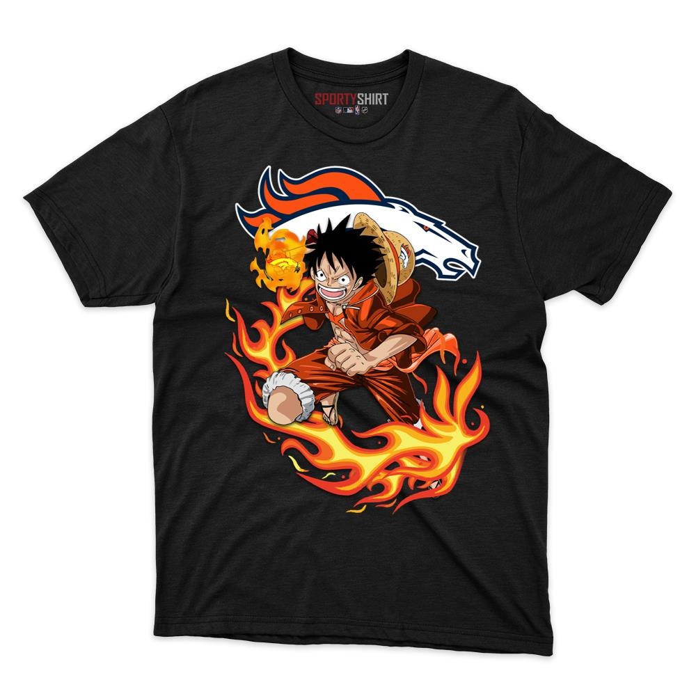Denver Broncos Luffy Straw Hat One Piece Shirt, Unisex Cotton Anime Pirate Graphic Tee for Football Fans