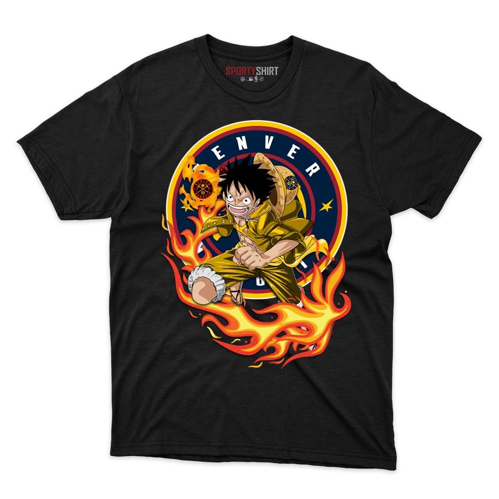 Denver Nuggets Luffy Straw Hat One Piece Shirt, Unisex Cotton Anime Pirate Graphic Tee for Basketball Fans