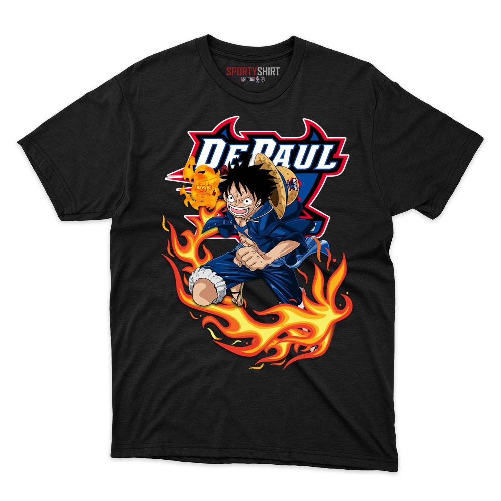 DePaul Blue Demons Luffy Straw Hat One Piece Shirt, Unisex Cotton Anime Pirate Graphic Tee for Fans