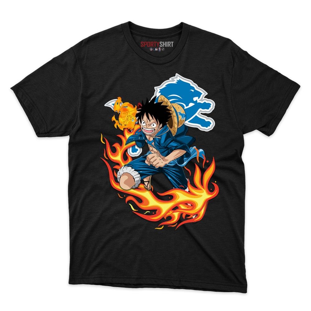 Detroit Lions Luffy Straw Hat One Piece Shirt, Unisex Cotton Anime Pirate Graphic Tee for Football Fans