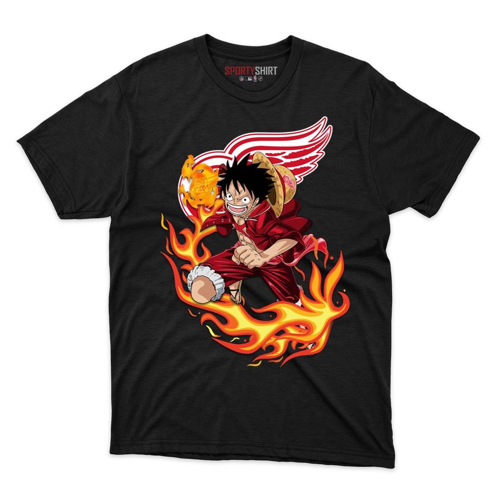 Detroit Red Wings Luffy One Piece Unisex Cotton Tee, Anime Pirate Crossover Graphic Shirt, Game Day Fan Gift
