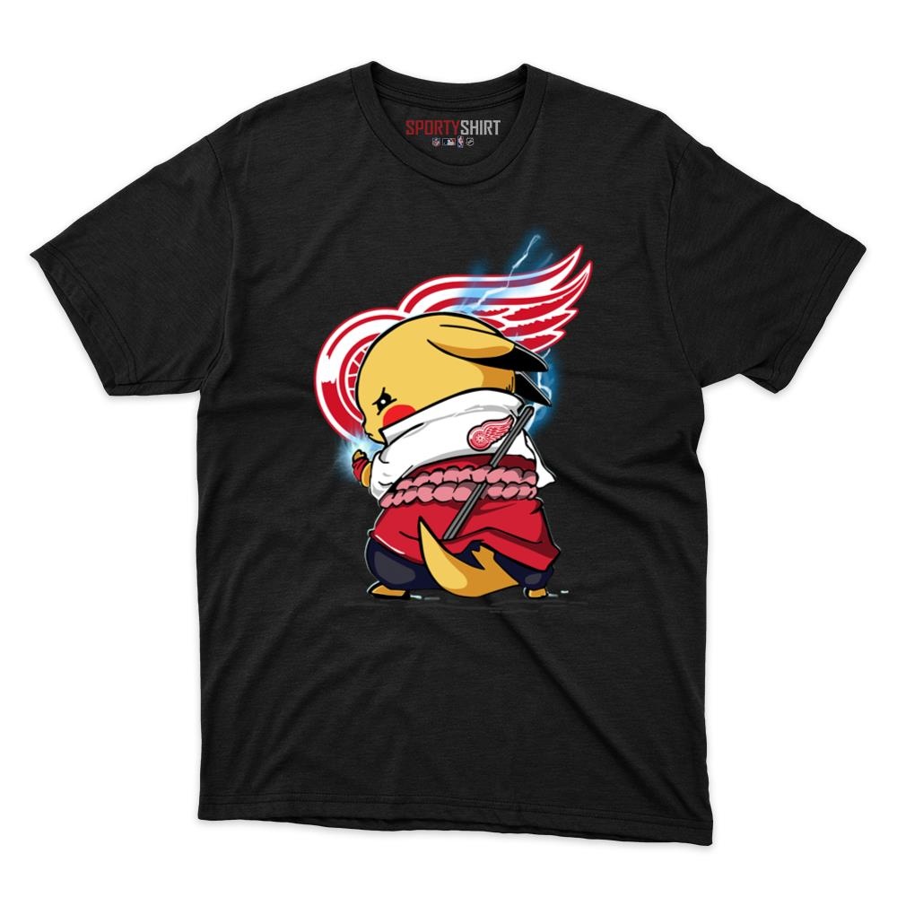 Detroit Red Wings Pikachu Meets Sasuke Uchiha Unisex Cotton Tee, Pokemon Naruto Anime Graphic Shirt, Fan Gift