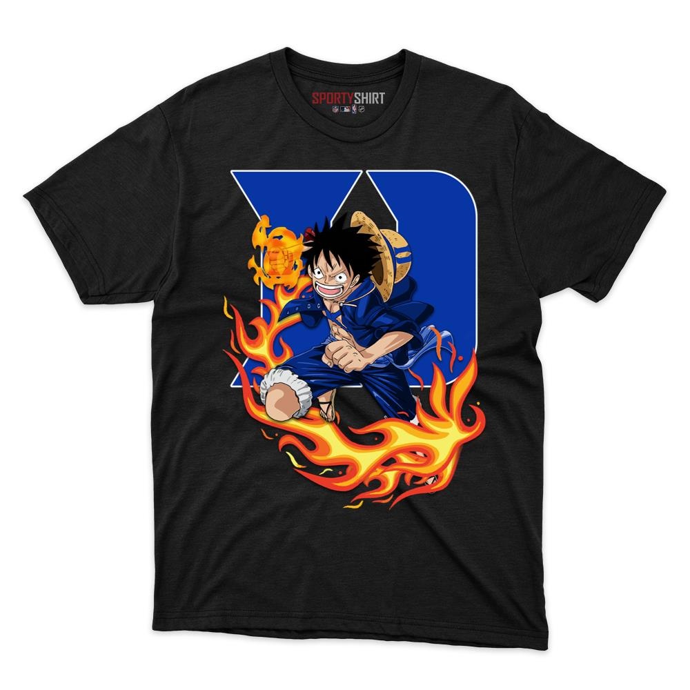 Duke Blue Devils Luffy One Piece Unisex Cotton Tee, Anime Pirate Crossover Graphic Shirt, Game Day Fan Gift
