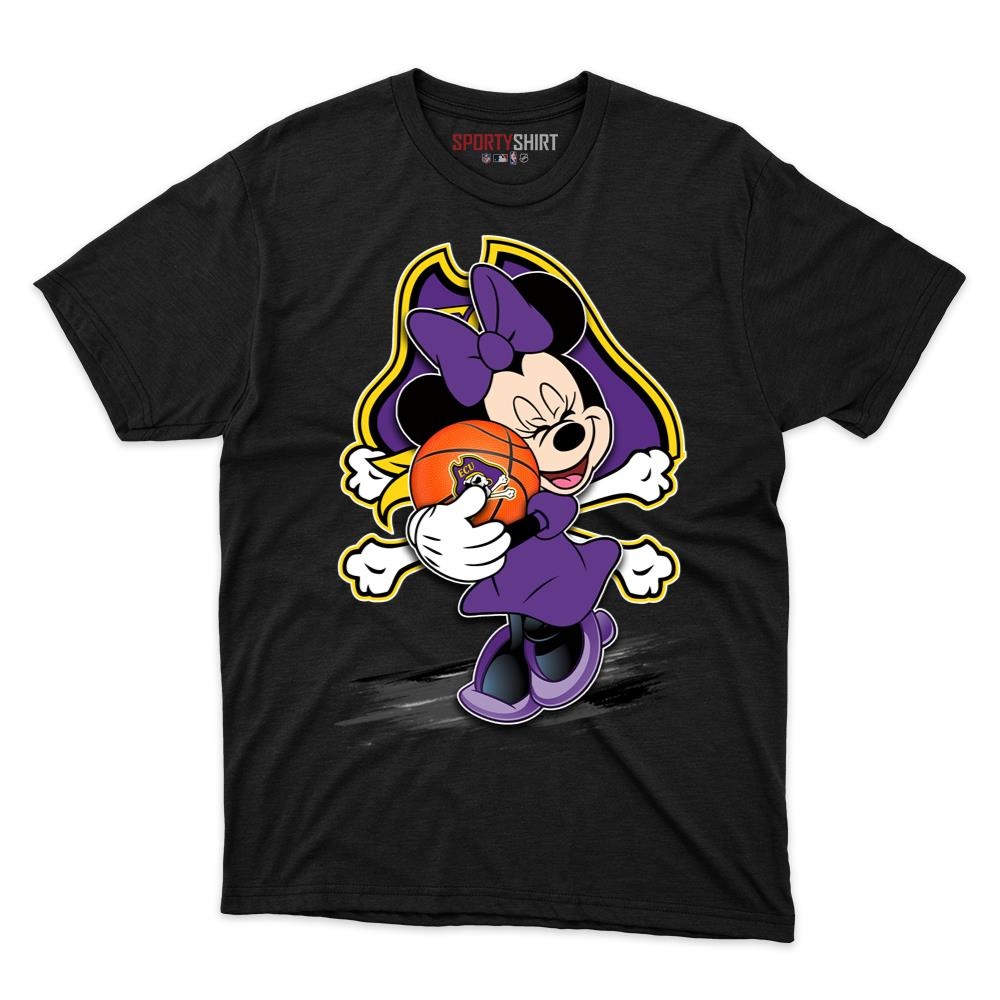 East Carolina Pirates Minnie Mouse Unisex Cotton Tee, Disney Cartoon Bow Graphic Shirt, Game Day Fan Gift