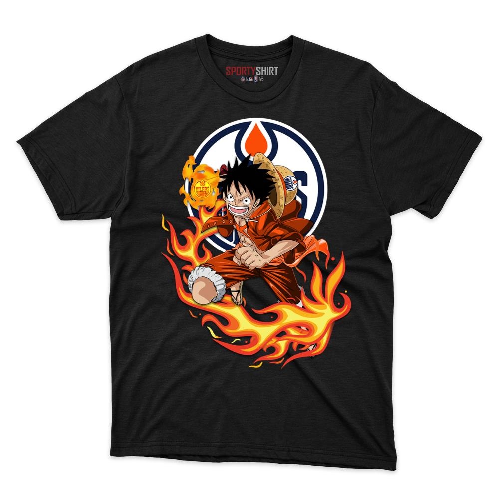 Edmonton Oilers Luffy One Piece Unisex Cotton Graphic Tee, Straw Hat Anime Crossover Hockey Fan Game Day Shirt