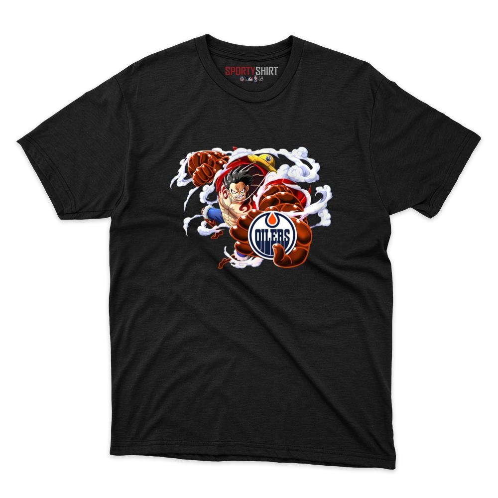 Edmonton Oilers Monkey D Luffy Gear 5 One Piece Unisex Cotton Graphic Tee, Anime Hockey Fan Game Day Shirt