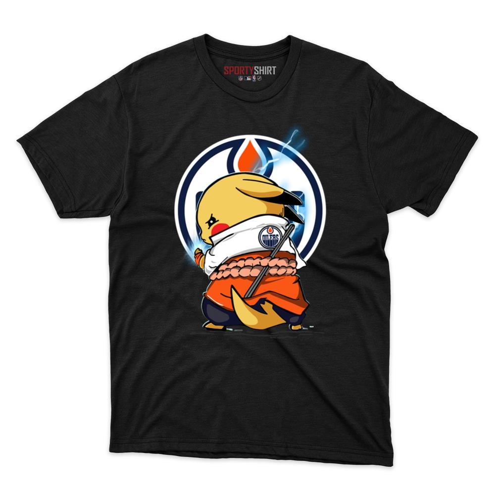 Edmonton Oilers Pikachu Meets Sasuke Uchiha Unisex Cotton Graphic Tee, Pokemon Anime Hockey Fan Game Day Shirt
