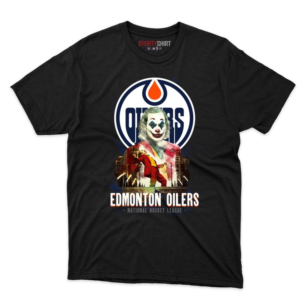 Edmonton Oilers Put On A Happy Face Joker Unisex Cotton Graphic Tee, Villain Hockey Fan Game Day Shirt