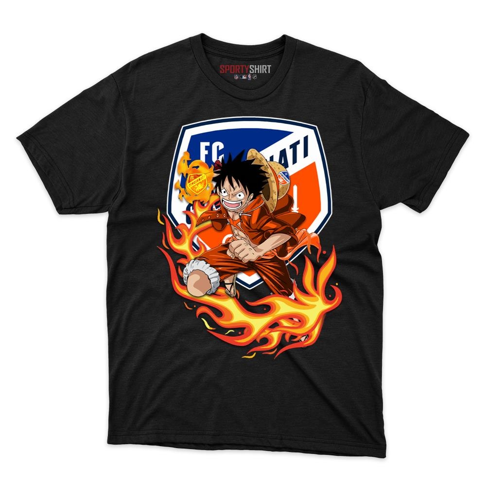 FC Cincinnati MLS Luffy One Piece Unisex Cotton Graphic Tee, Straw Hat Anime Soccer Fan Game Day Shirt