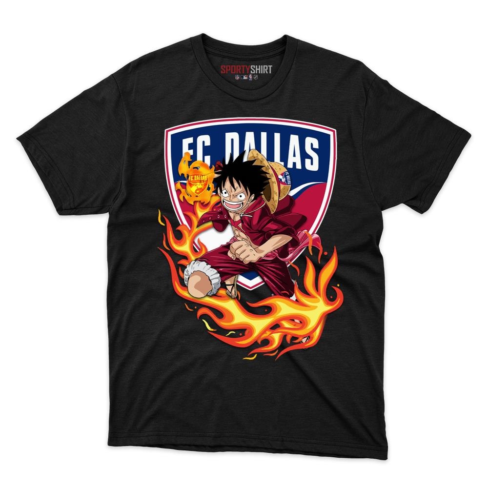 FC Dallas MLS Luffy One Piece Unisex Cotton Graphic Tee, Straw Hat Anime Crossover Soccer Fan Game Day Shirt