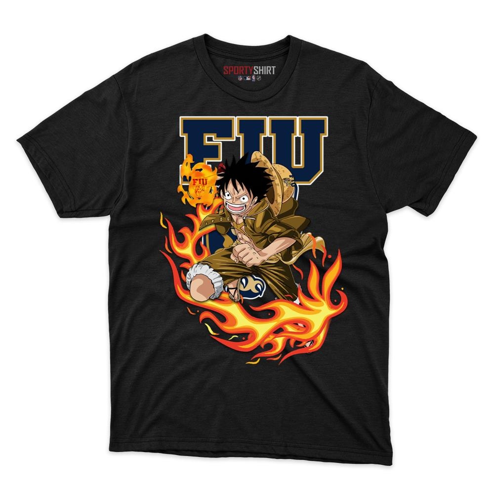 FIU Panthers Luffy One Piece Unisex Cotton Graphic Tee, Straw Hat Anime Crossover College Fan Game Day Shirt