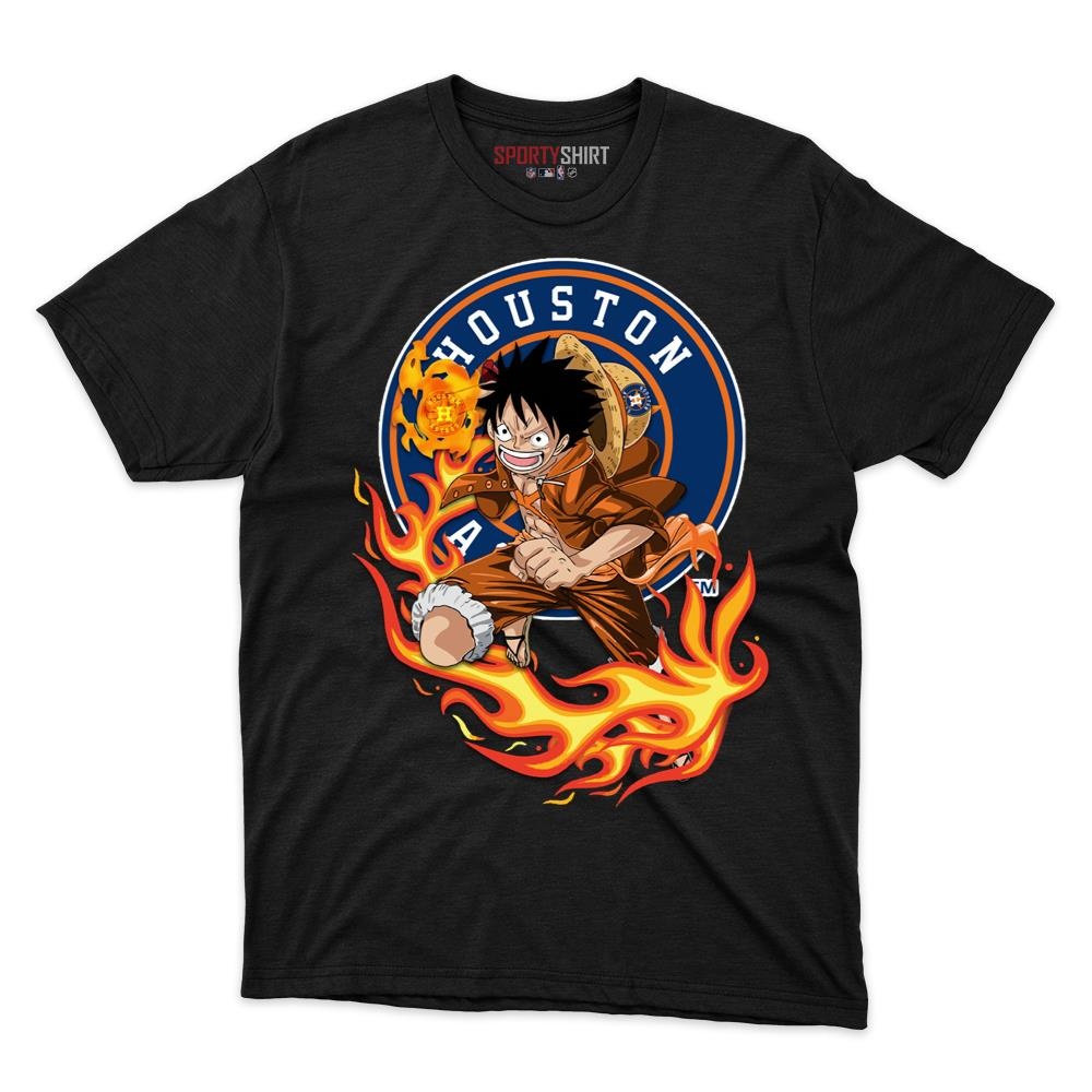 Houston Astros Luffy One Piece Unisex Cotton Graphic Tee, Anime Pirate Crossover Fan Game Day Shirt