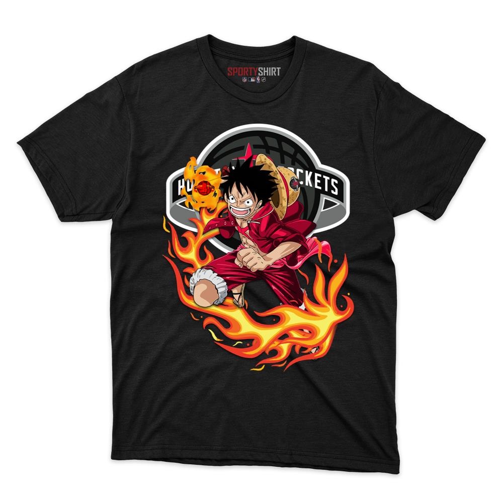 Houston Rockets Luffy One Piece Unisex Cotton Graphic Tee, Anime Pirate Crossover Fan Game Day Shirt