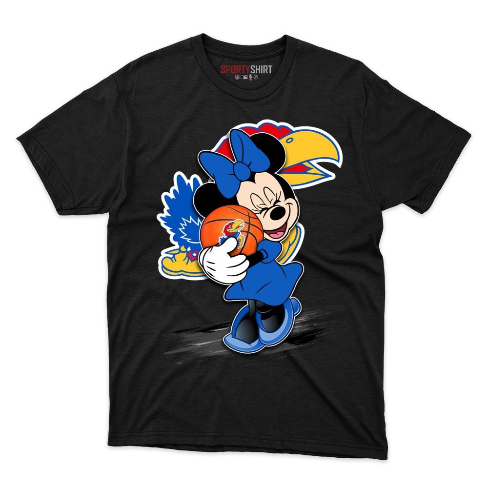 Kansas Jayhawks Minnie Mouse Unisex Shirt, Disney Cartoon Crossover Cotton Graphic Tee, Game Day Fan Gift