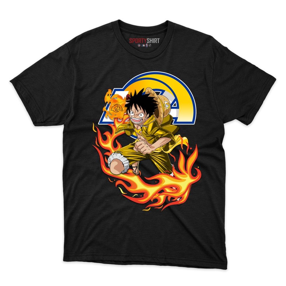 Los Angeles Rams Luffy One Piece Unisex Cotton Graphic Tee, Anime Crossover Shirt, Game Day Fan Gift - photo 1