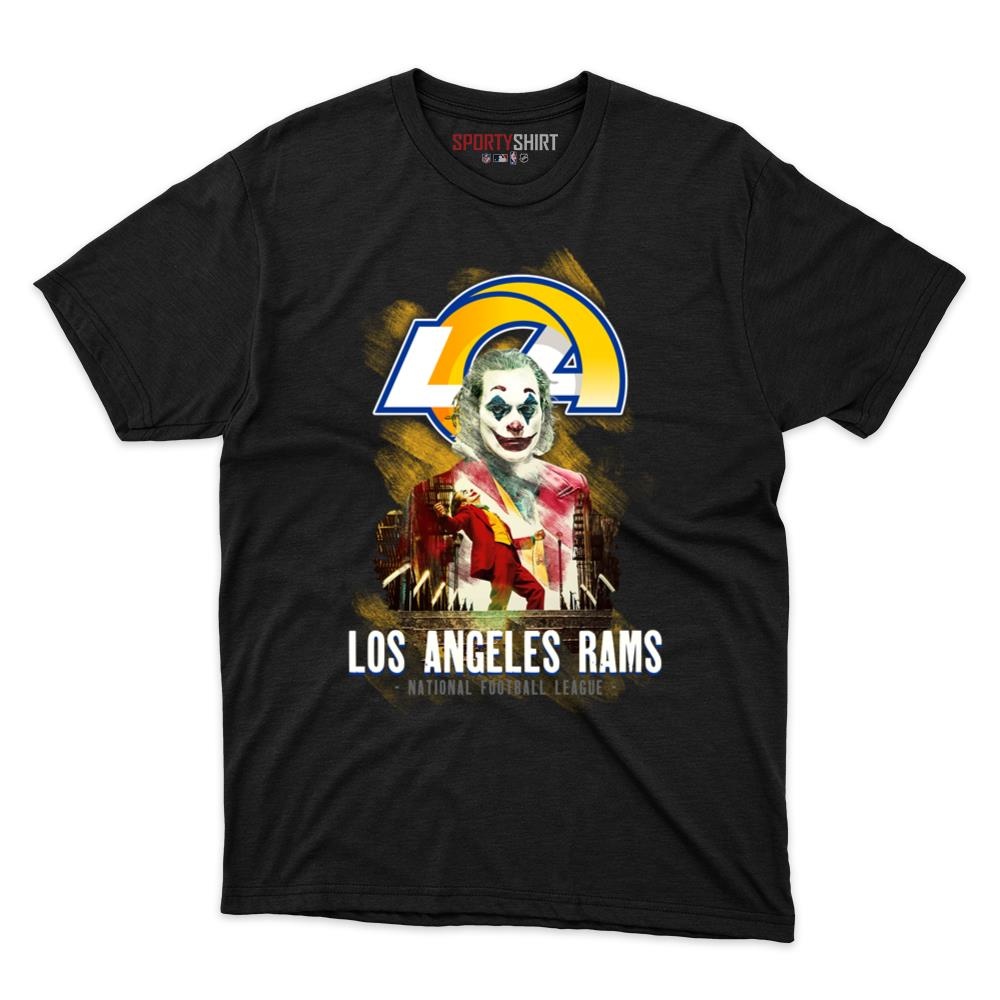 Los Angeles Rams Put On A Happy Face Joker Unisex Cotton Graphic Tee, Comic Villain Shirt, Game Day Gift
