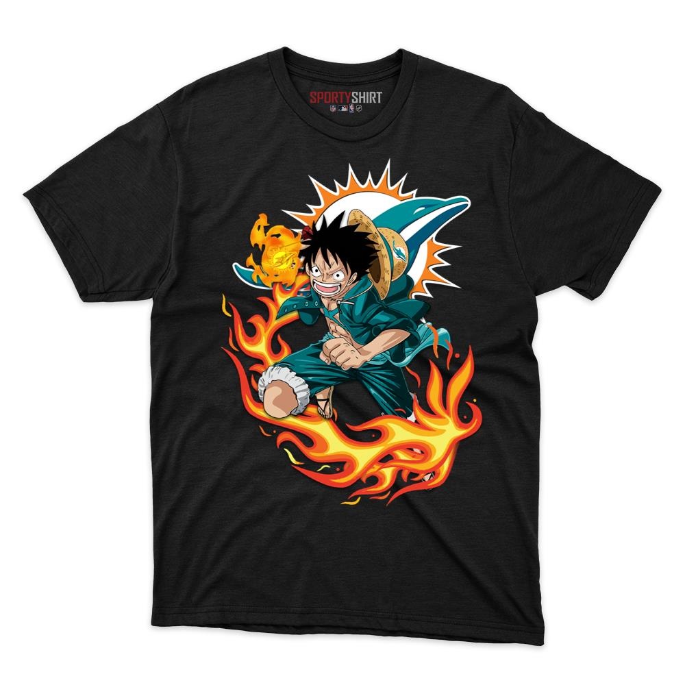 Miami Dolphins Luffy Straw Hat One Piece Shirt, Unisex Cotton Anime Pirate Graphic Tee for Football Fans