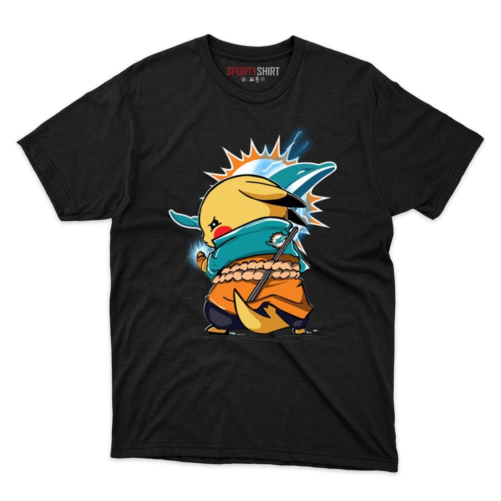 Miami Dolphins Pikachu Meets Sasuke Uchiha Shirt, Unisex Cotton Pokemon Anime Graphic Tee for Fans - photo 1