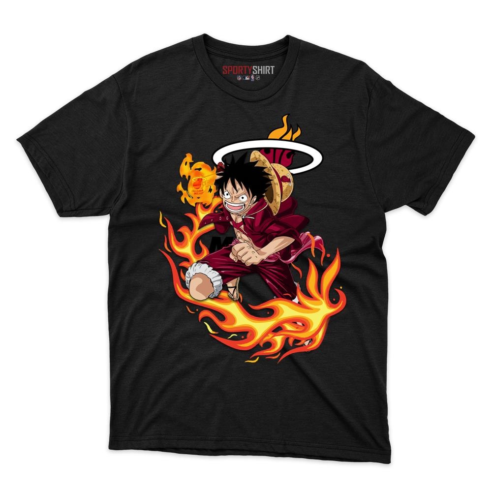Miami Heat Luffy Straw Hat One Piece Shirt, Unisex Cotton Anime Pirate Graphic Tee for Basketball Fans