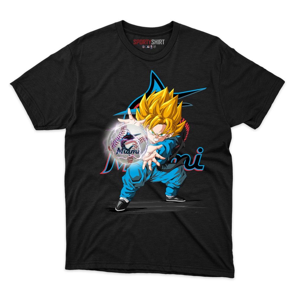 Miami Marlins Goku Dragon Ball Z Shirt, Unisex Cotton Anime Saiyan Graphic Tee for Baseball Game Day Fans