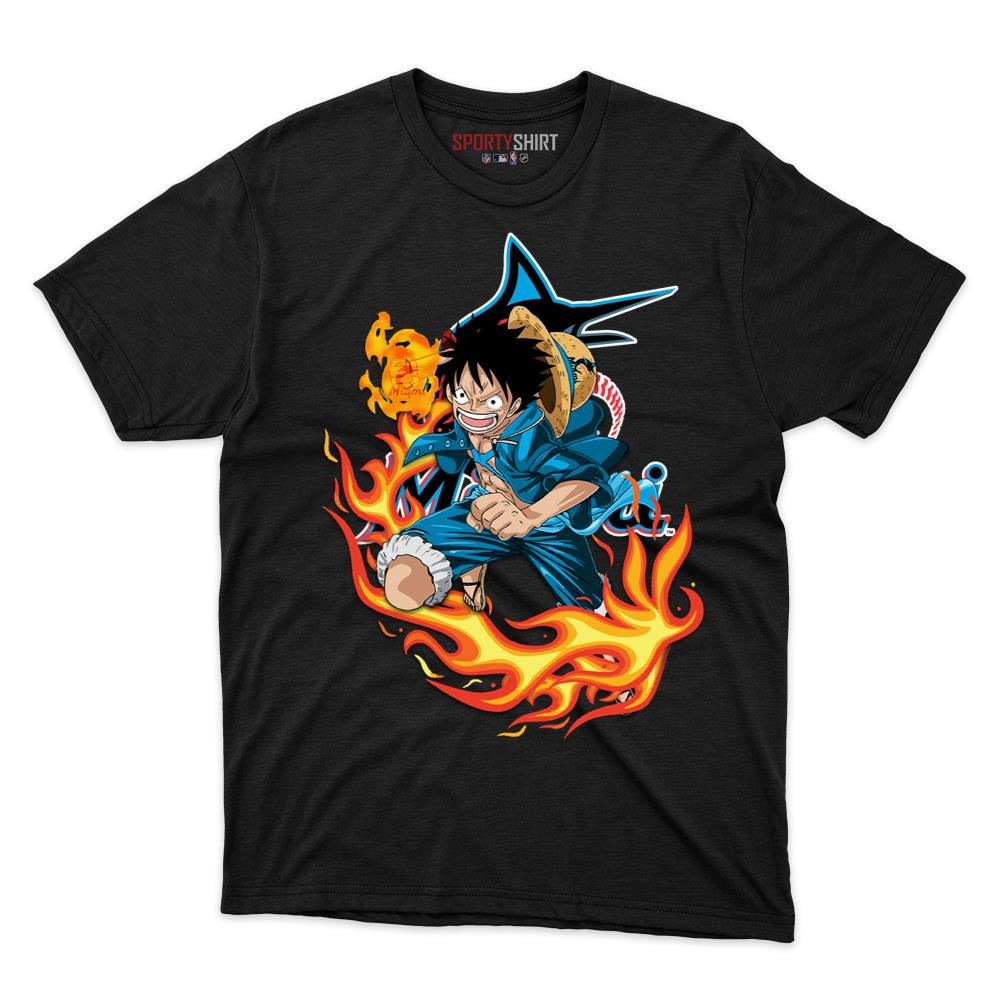 Miami Marlins Luffy Straw Hat One Piece Shirt, Unisex Cotton Anime Pirate Graphic Tee for Baseball Fans