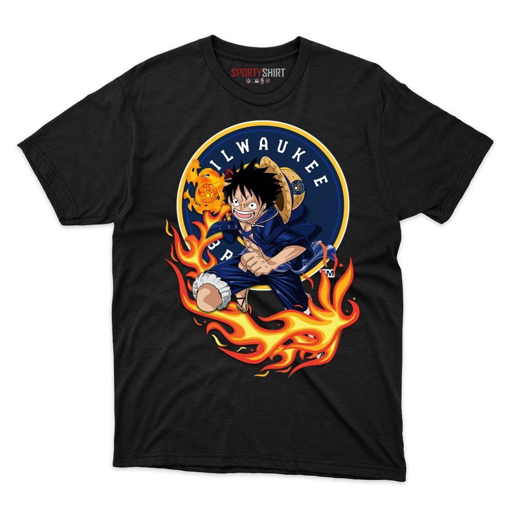 Milwaukee Brewers Luffy Straw Hat One Piece Shirt, Unisex Cotton Anime Pirate Graphic Tee for Baseball Fans