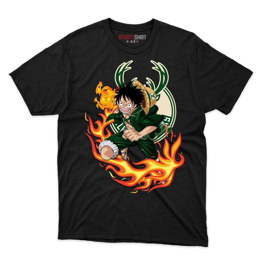Milwaukee Bucks Luffy Straw Hat One Piece Shirt, Unisex Cotton Anime Pirate Graphic Tee for Basketball Fans
