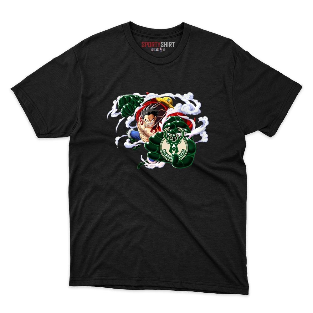 Milwaukee Bucks Monkey D Luffy Gear One Piece Shirt, Unisex Cotton Anime Pirate Crew Graphic Tee for Fans - photo 1