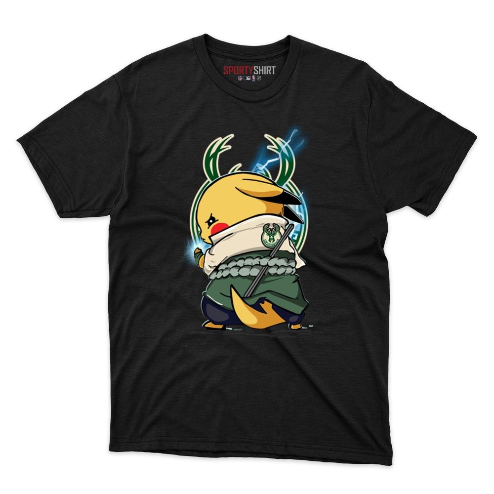 Milwaukee Bucks Pikachu Meets Sasuke Uchiha Shirt, Unisex Cotton Pokemon Anime Graphic Tee for Fans