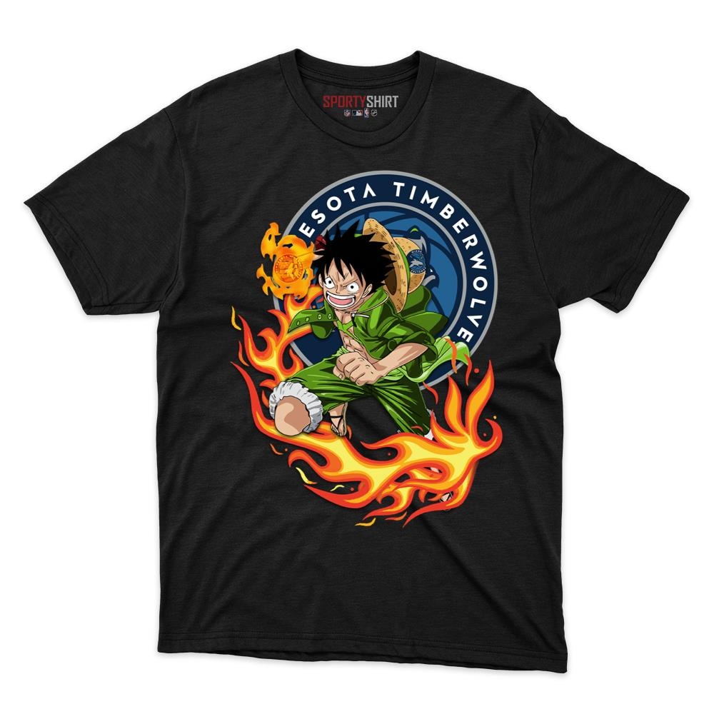 Minnesota Timberwolves Luffy Straw Hat One Piece Shirt, Unisex Cotton Anime Pirate Graphic Tee for Fans
