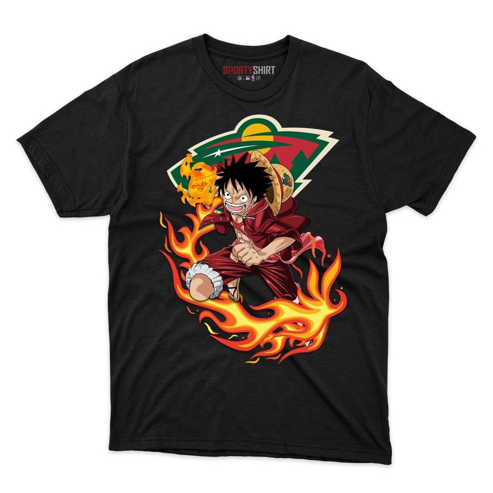 Minnesota Wild Luffy One Piece Unisex Cotton Tee, Anime Pirate Crossover Graphic Shirt, Game Day Fan Gift
