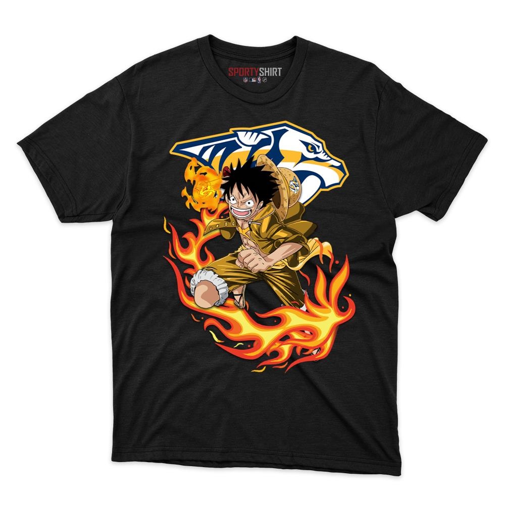 Nashville Predators Luffy One Piece Unisex Cotton Tee, Anime Pirate Crossover Graphic Shirt, Game Day Fan Gift