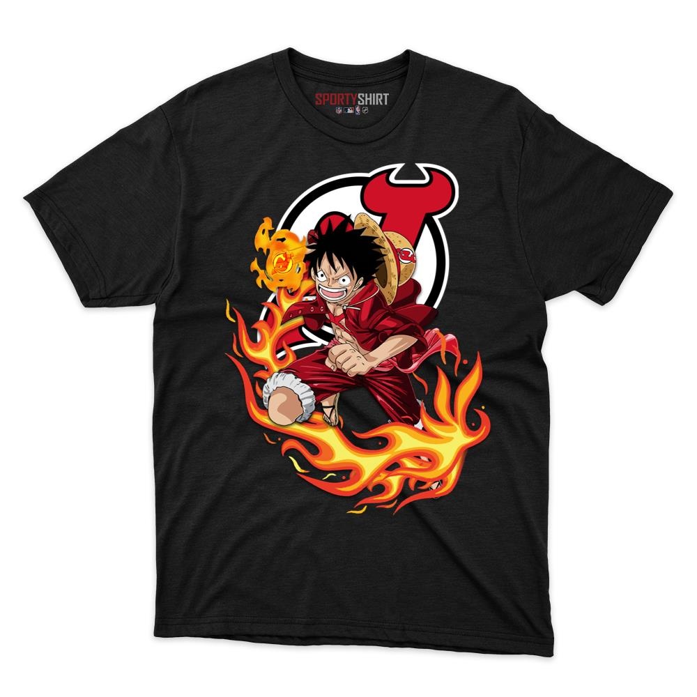 New Jersey Devils Luffy One Piece Unisex Cotton Tee, Anime Pirate Crossover Graphic Shirt, Game Day Fan Gift