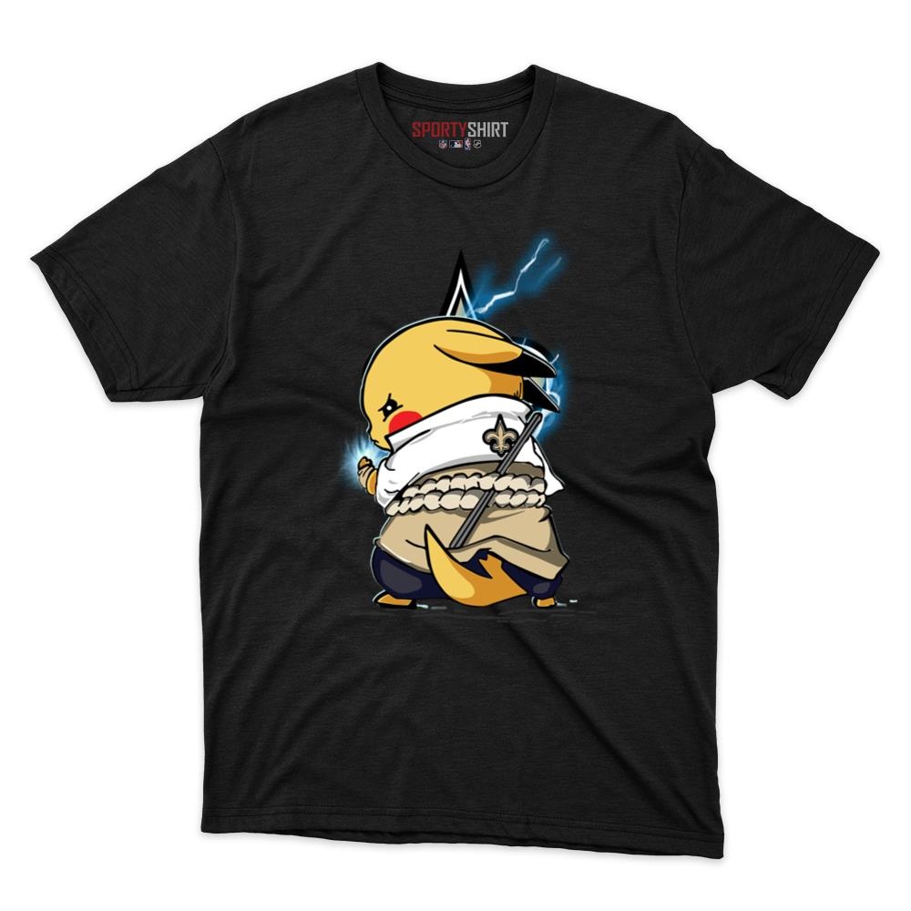 New Orleans Saints Pikachu Meets Sasuke Uchiha Unisex Cotton Graphic Tee, Pokemon Anime Football Fan Game Day Shirt