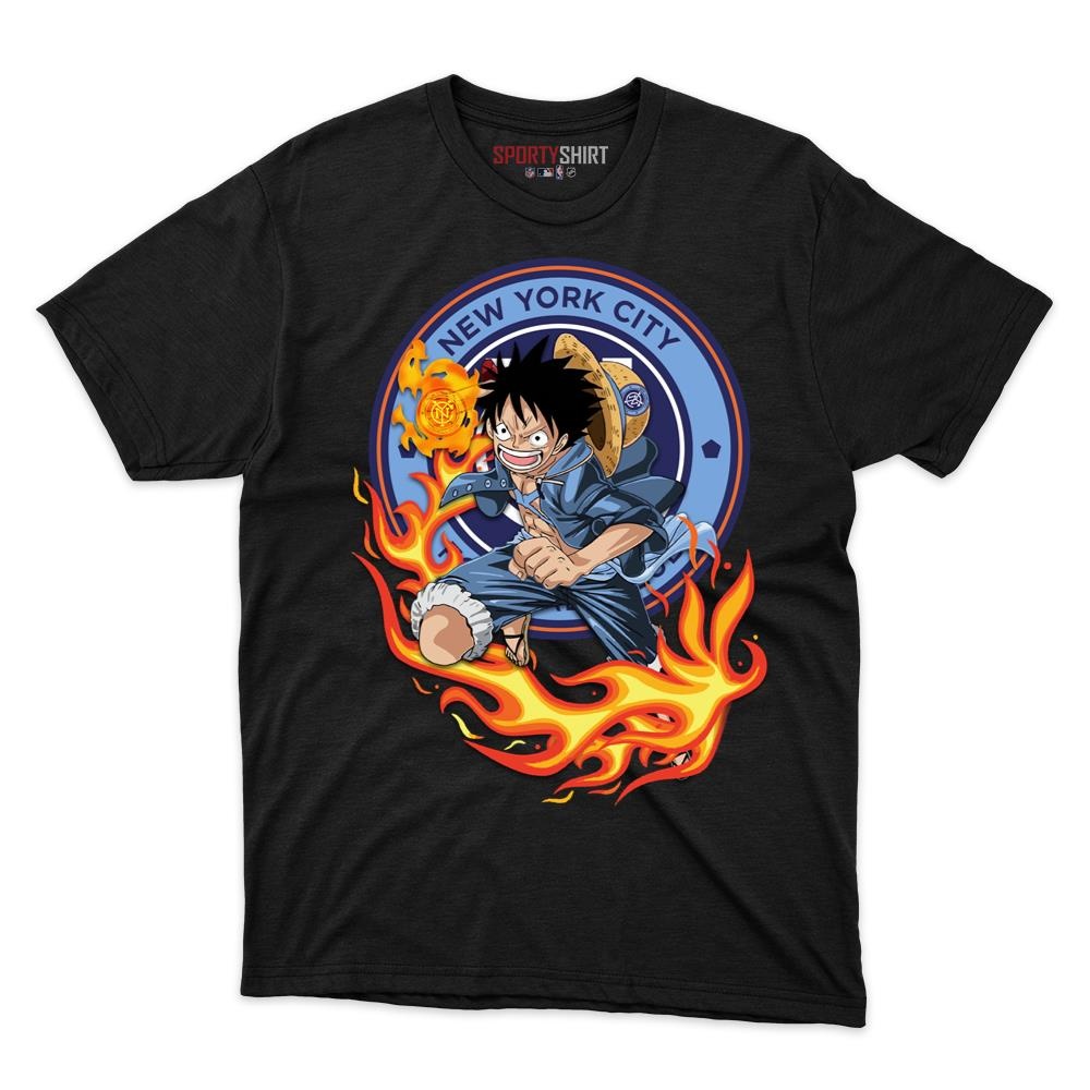 New York City FC MLS Luffy One Piece Unisex Cotton Graphic Tee, Straw Hat Anime Soccer Fan Game Day Shirt