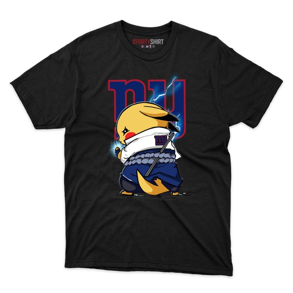 New York Giants Pikachu Meets Sasuke Uchiha Unisex Cotton Graphic Tee, Pokemon Anime Football Fan Game Day Shirt