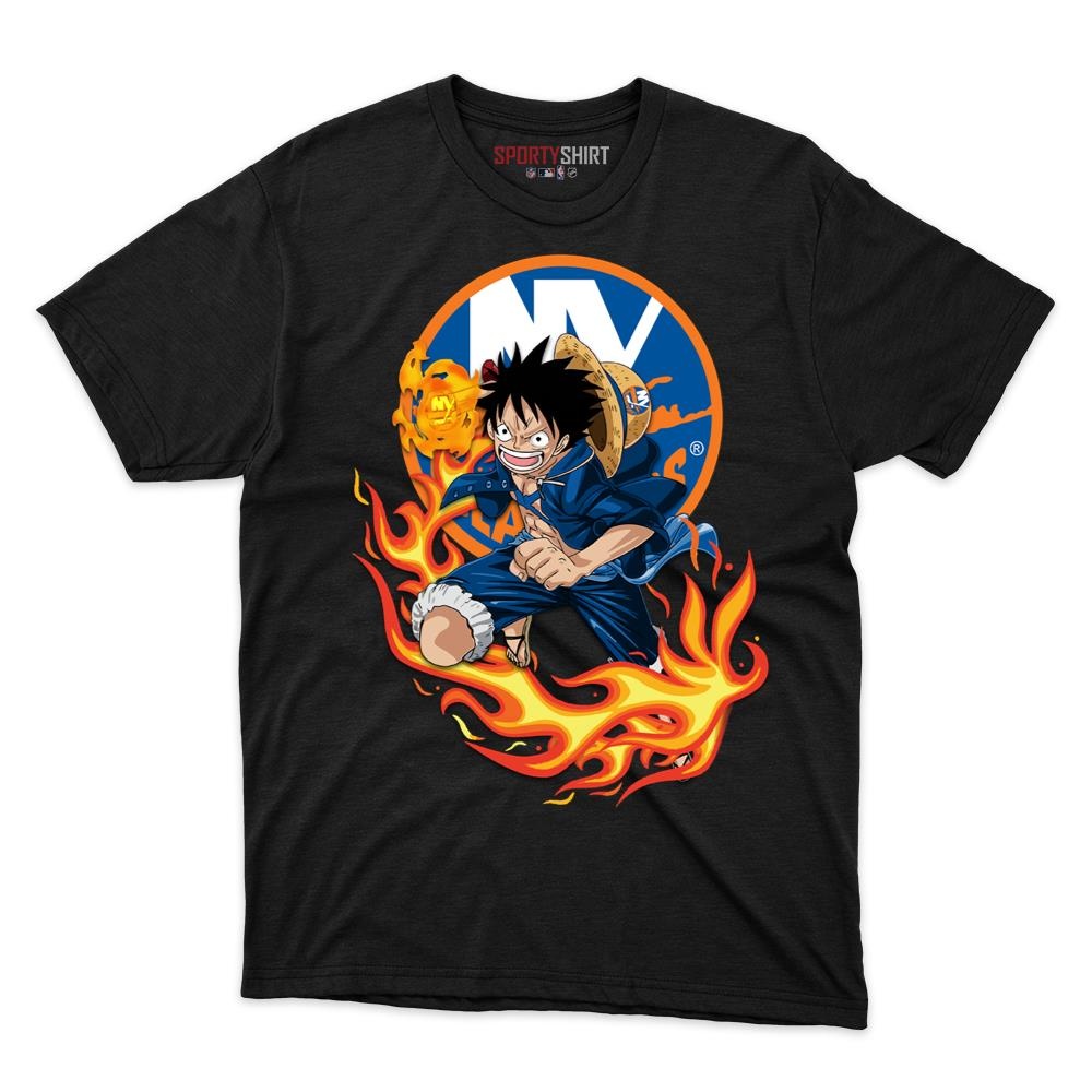 New York Islanders Luffy One Piece Unisex Cotton Graphic Tee, Straw Hat Anime Hockey Fan Game Day Shirt