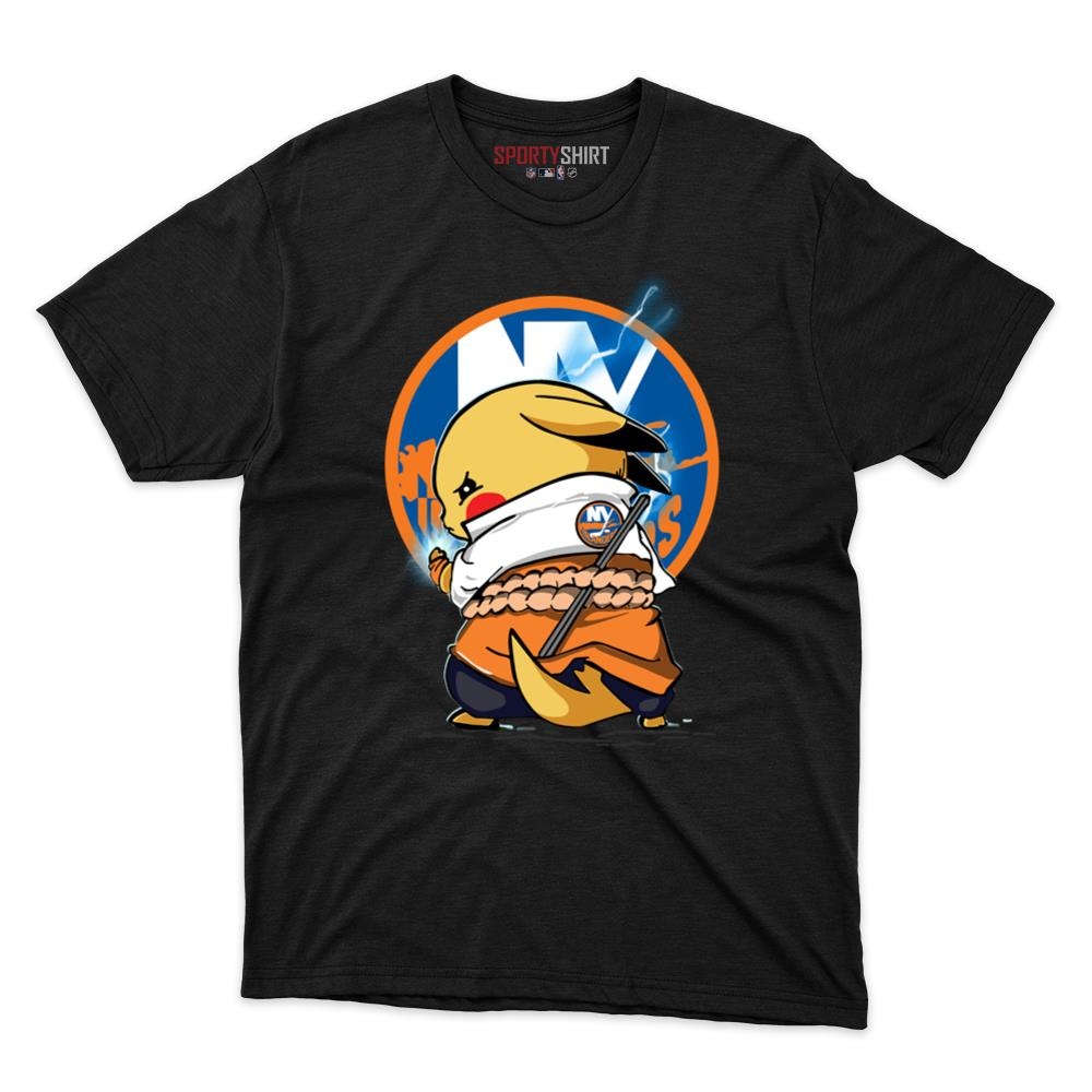 New York Islanders Pikachu Meets Sasuke Uchiha Unisex Cotton Graphic Tee, Pokemon Anime Hockey Fan Game Day Shirt