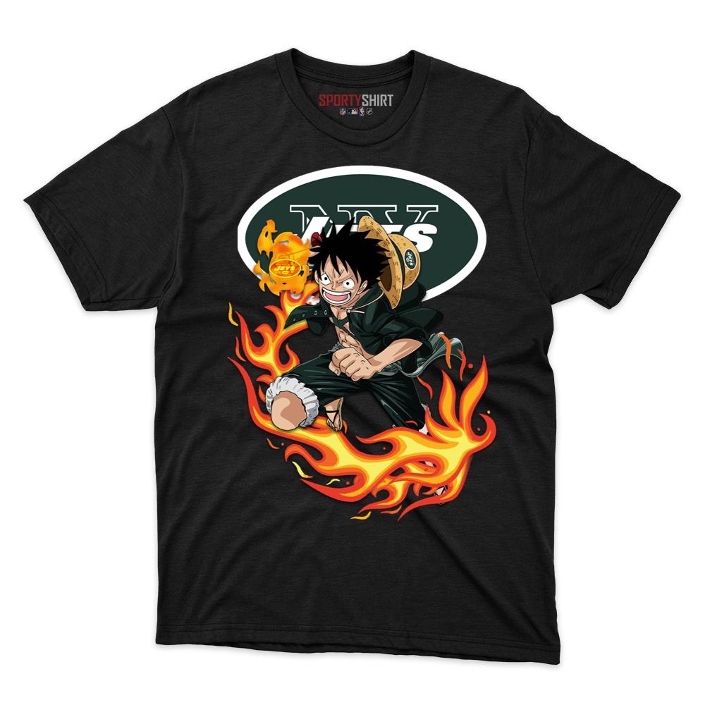 New York Jets Luffy One Piece Unisex Cotton Graphic Tee, Straw Hat Anime Crossover Football Fan Game Day Shirt