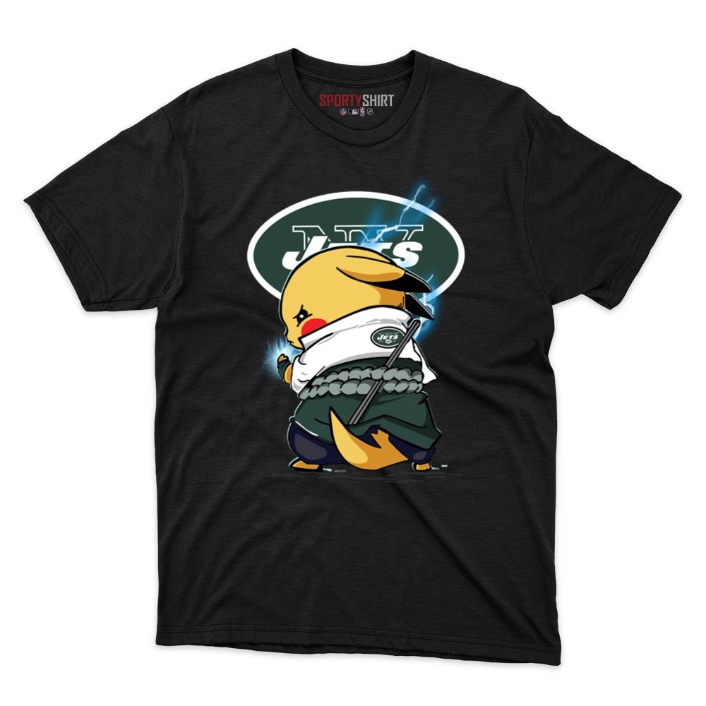 New York Jets Pikachu Meets Sasuke Uchiha Unisex Cotton Graphic Tee, Pokemon Anime Football Fan Game Day Shirt
