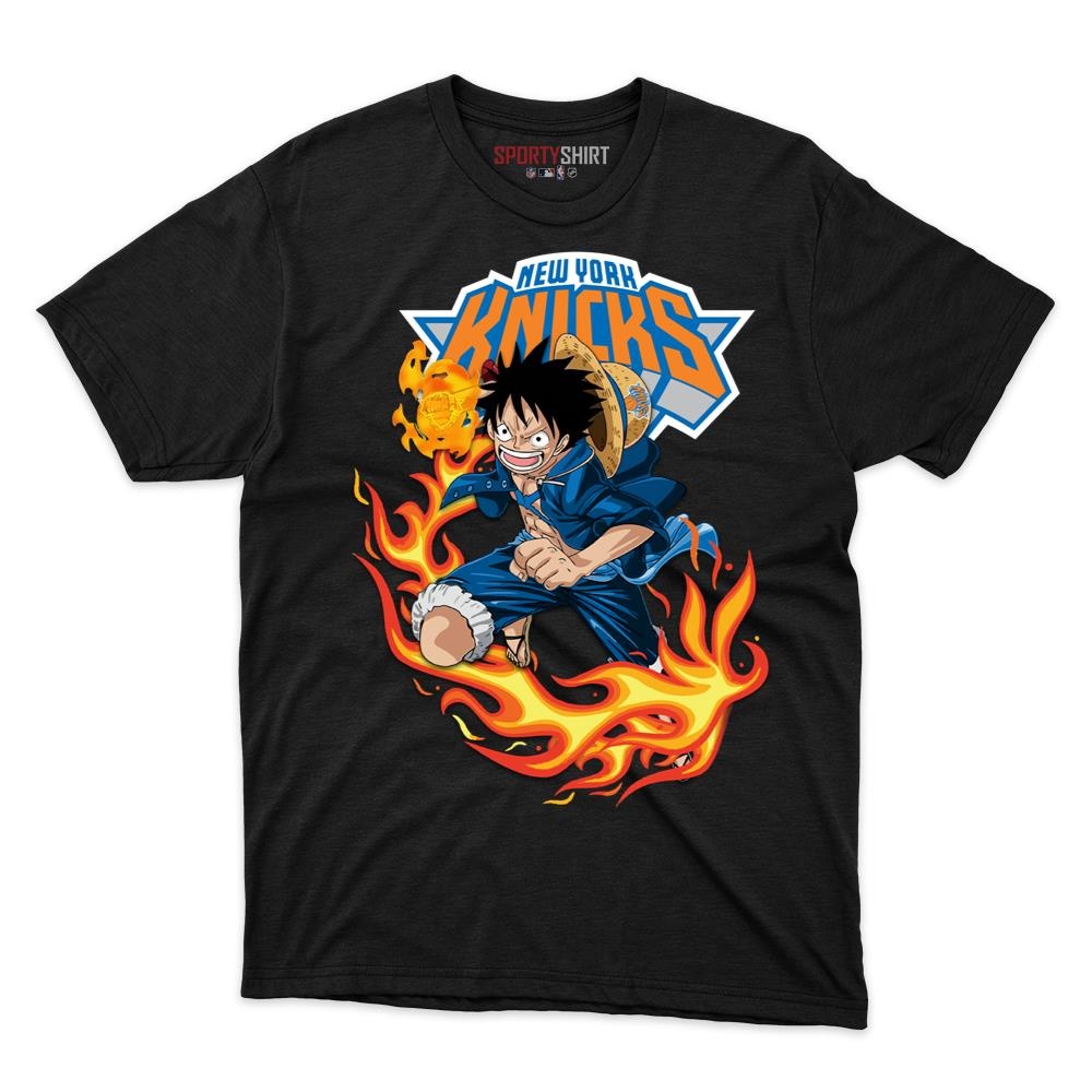 New York Knicks Luffy One Piece Unisex Cotton Graphic Tee, Straw Hat Anime Basketball Fan Game Day Shirt