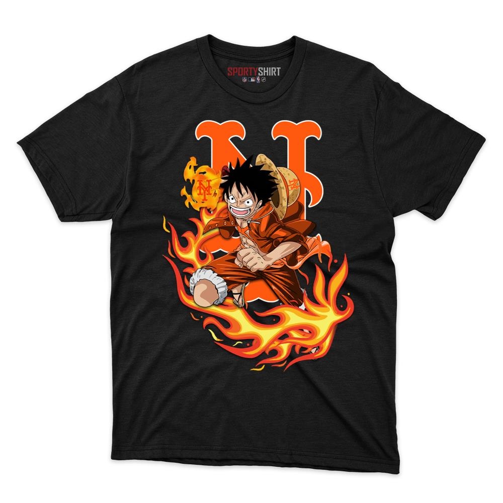 New York Mets Luffy One Piece Unisex Cotton Graphic Tee, Straw Hat Anime Crossover Baseball Fan Game Day Shirt - photo 1