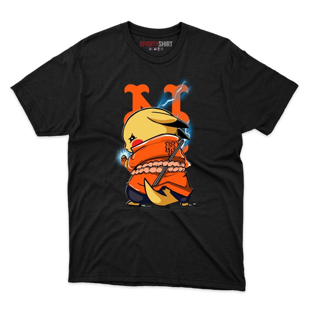 New York Mets Pikachu Meets Sasuke Uchiha Unisex Cotton Graphic Tee, Pokemon Anime Crossover Baseball Fan Game Day Shirt