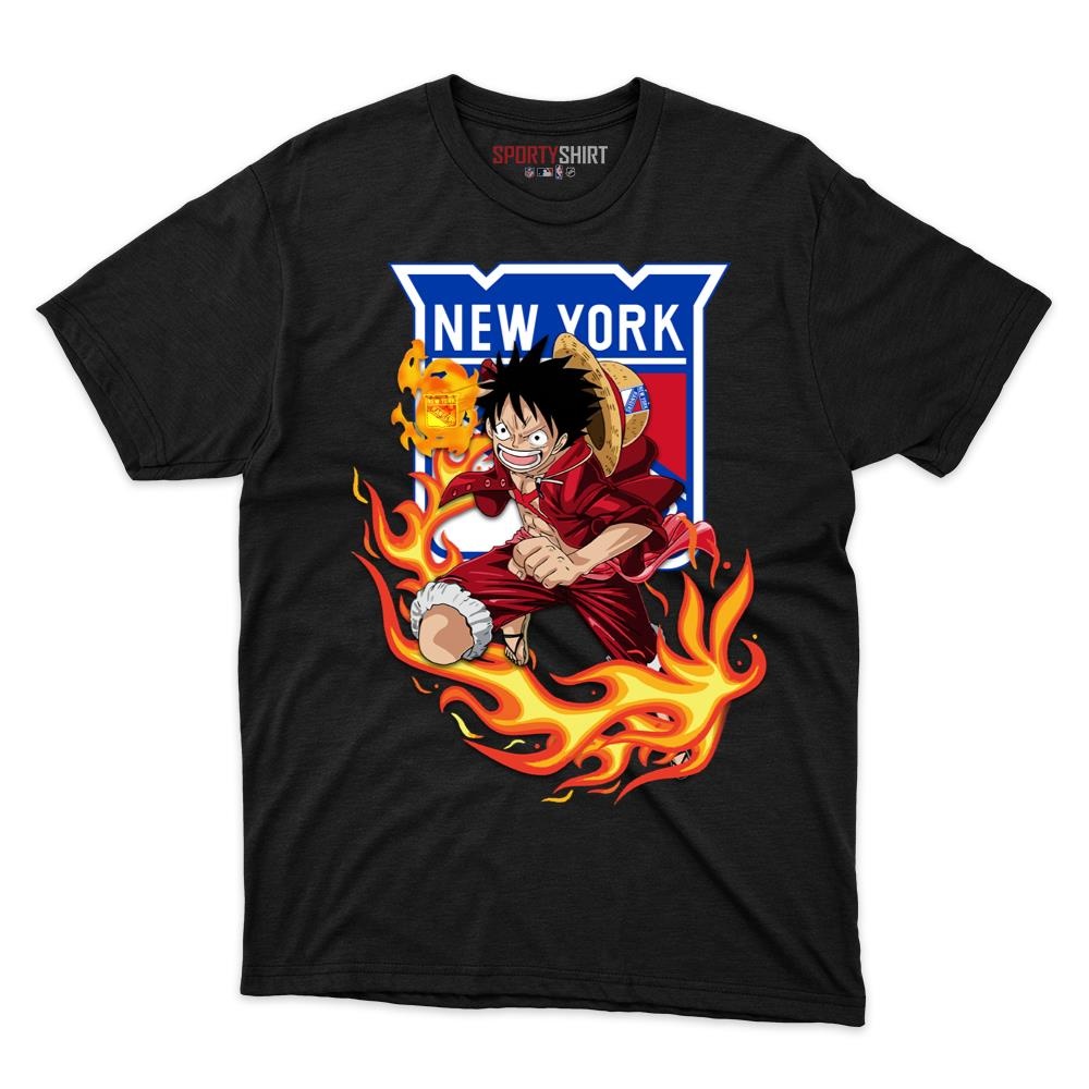 New York Rangers Luffy One Piece Unisex Cotton Graphic Tee, Straw Hat Anime Hockey Fan Game Day Shirt