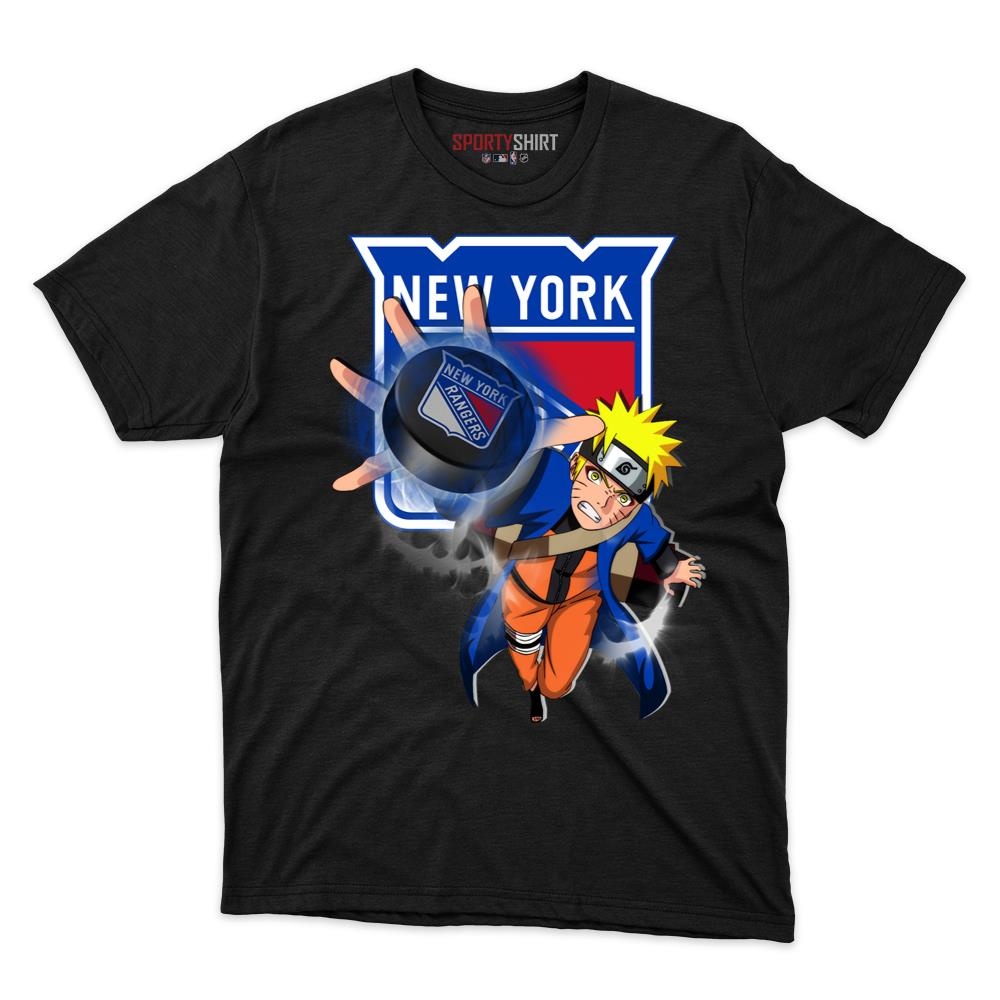 New York Rangers Naruto Unisex Cotton Graphic Tee, Anime Ninja Crossover Hockey Fan Game Day Shirt