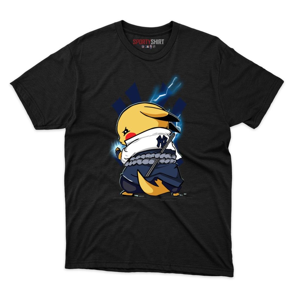 New York Yankees Pikachu Meets Sasuke Uchiha Unisex Cotton Graphic Tee, Pokemon Naruto Anime Mashup Shirt