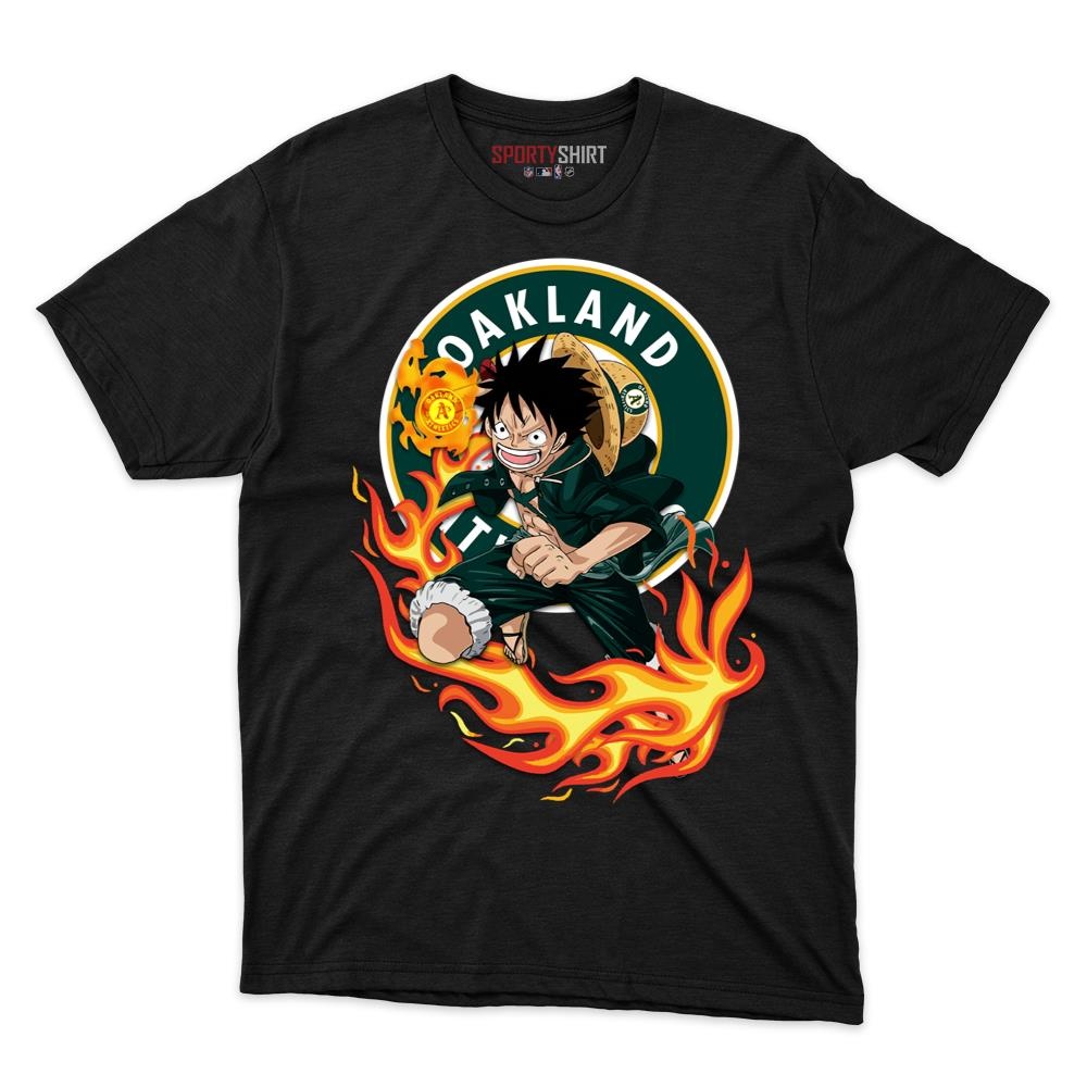 Oakland Athletics Luffy One Piece Unisex Cotton Graphic Tee, Straw Hat Pirate Anime Crossover Shirt