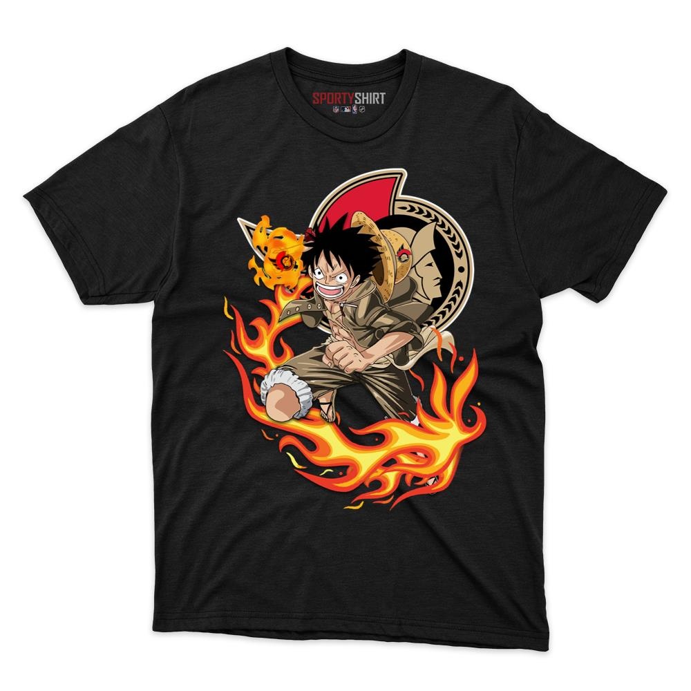 Ottawa Senators Luffy One Piece Unisex Cotton Graphic Tee, Straw Hat Pirate Anime Crossover Shirt for Fans